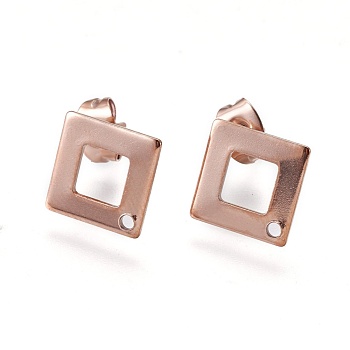 Ion Plating(IP) 304 Stainless Steel Stud Earring Findings, Square/Rhombus, Rose Gold, 13.5x13.5x0.8mm, Hole: 1mm, Pin: 0.7mm