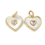 Brass Micro Pave Cubic Zirconia Pendants, with Natural Shell, Heart Charms, Lead Free & Cadmium Free, Rack Plating, Long-Lasting Plated, Real 18K Gold Plated, 12x12.5x2.5mm, Jump Ring: 5x1mm, Inner Diameter: 3mm(KK-F926-05G)