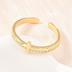 Brass Micro Pave Cubic Zirconia Cuff Open Rings, Cross, Real 18K Gold Plated, 6mm, Inner Diameter: 19mm(CU-Z002-02G)