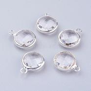 Silver Color Plated Brass Glass Flat Round Charms, Faceted, Clear, 12x8.5x3mm, Hole: 1.5mm(GLAA-M003-A-21S)