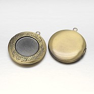 Rack Plating Brass Locket Pendant Cabochon Settings, Lead Free & Nickel Free, Carved Flat Round , Brushed Antique Bronze, Tray: 19mm, 36x33x6mm, Hole: 2mm, Inner: 24mm(KK-N0096-06AB-FF)