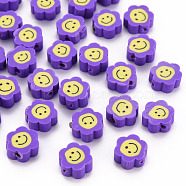 Handmade Polymer Clay Beads, Flower with Smiling Face, Blue Violet, 9~10x8~9x4~5mm, Hole: 1.4~1.6mm(X-CLAY-N011-011A)