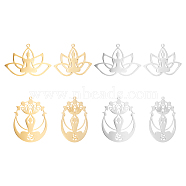 8Pcs 4 Styles 201 Stainless Steel Pendants, Buddhist Theme, Laser Cut, Hollow, Buddha & Lotus, Golden & Stainless Steel Color, 25~43x32~36.5x1mm, Hole: 1.6mm, 2pcs/style(STAS-UN0033-89)