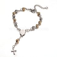 Rosary Bead Bracelets with Cross, 201 Stainless Steel Bracelet for Easter, Oval with Virgin Mary, Golden & Stainless Steel Color, 7-1/2 inch(190mm)(BJEW-E282-03GP)