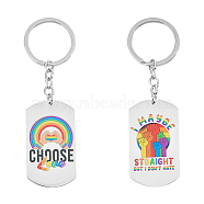 2Pcs 2 Style Pride Rainbow 201 Stainless Steel Keychain, with Key Ring, Oval, Mixed Patterns, 10.4cm, 1pc/style(KEYC-UN0001-09)