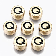 Alloy Enamel Beads, Cadmium Free & Lead Free, Flat Round with Initial Letters, Light Gold, Black, Letter.Q, 8x4mm, Hole: 1.5mm(ENAM-S122-029Q-RS)