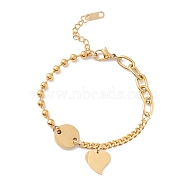Vacuum Plating Flat Round and Heart Charm Bracelet with 304 Stainless Steel Chains for Women, Golden, 7 inch(17.7cm)(STAS-P304-11G)