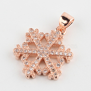 Snowflake Brass Micro Pave Cubic Zirconia Pendants, Rose Gold, 19x15x2mm, Hole: 4.5x2mm(ZIRC-P002-52RG)