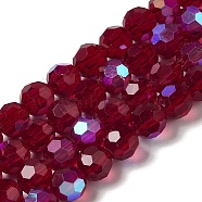 Electroplate Transparent Glass Beads Strands, Faceted, Round, Rainbow Plated, Crimson, 6mm, Hole: 1mm, about 98~100pcs/strand, 20.39~20.59 inch(51.8~52.3cm)(EGLA-A035-T6mm-L02)