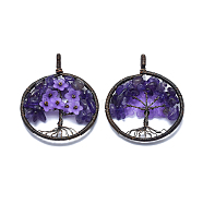 Natural Amethyst Pendants, with Acrylic and Brass Findings, Flat Round with Tree of Life, 59x47~47.5x9.5~10mm, Hole: 4mm(G-E529-A02)