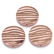Painted Natural Wood Beads, Laser Engraved Pattern, Flat Round with Zebra-Stripe, Pink, 30x5mm, Hole: 1.6mm(X-WOOD-N006-06J)