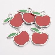 Alloy Enamel Pendants, Cadmium Free & Lead Free, Apple, Platinum, Red, about 24mm long, 23mm wide, 1.5mm thick, hole: 3.5mm(EA561Y-2)