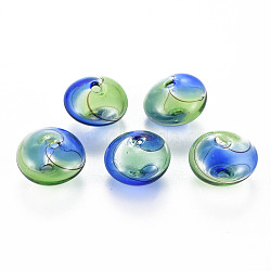 Transparent Handmade Blown Glass Globe Beads, Stripe Pattern, Flat Round, Light Green, 15~16x10~11mm, Hole: 1mm(X-GLAA-T012-34)