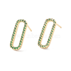 Green Cubic Zirconia Open Oval Stud Earrings, Brass Jewelry for Women, Lead Free & Cadmium Free, Real 18K Gold Plated, 17x7mm, Pin: 0.8mm(EJEW-F282-38G)