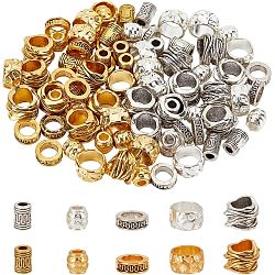 100Pcs 10 Style Tibetan Style Alloy Beads, Large Hole Beads, Rondelle & Tube & Barrel, Antique Silver & Antique Golden, 8~13x4~15mm, Hole: 3.5~8mm, 10pcs/style(FIND-NB0002-99)