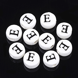 Handmade Porcelain Beads, Horizontal Hole, Flat Round with Letter, White, Letter.E, 8~8.5x4.5mm, Hole: 2mm(PORC-Q259-01E)