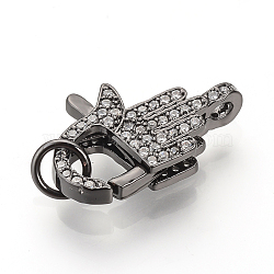 Brass Micro Pave Cubic Zirconia Lobster Claw Clasps, Hamsa Hand/Hand of Fatima /Hand of Miriam, Gunmetal,  20.5x13x4.5mm, Hole: 2mm(ZIRC-S058-14B)