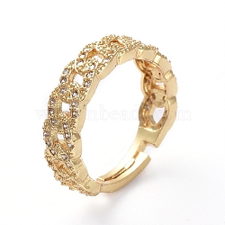 Adjustable Brass Finger Rings, with Micro Pave Cubic Zirconia, Curb Chain Shape, Golden, Size 7,  17.1mm(RJEW-G096-22G)