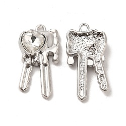Glass Heart Key Pendants, with Platinum Alloy Finding, Long-Lasting Plated, Cadmium Free & Lead Free, Clear, 28x15x5mm, Hole: 2mm(PALLOY-E024-29P-01)