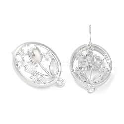 Brass Pave Clear Cubic Zirconia Stud Earring Findings, with Loop, Oval with Flower, Platinum, 22x15.5mm, Hole: 1.6mm, Pin: 0.5mm(KK-F875-04P)