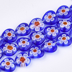 Handmade Millefiori Lampwork Beads Strands, Heart, Blue, 10x10x4mm, Hole: 0.8mm, about 42pcs/strand, 15.1 inch(LAMP-S191-19A-03)