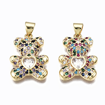 Brass Micro Pave Clear Cubic Zirconia Pendants, Inlay Bear Shape Charms, Cadmium Free & Nickel Free & Lead Free, Real 16K Gold Plated, Colorful, 21x15.5x4.5mm, Hole: 5x3mm