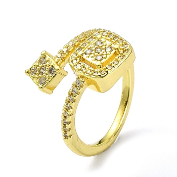 Brass with Cubic Zirconia Open Cuff Ring, Square, Real 18K Gold Plated, Inner Diameter: 18mm