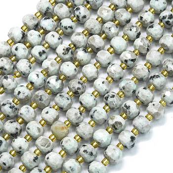 Natural Sesame Jasper Beads Strands, with Seed Beads, Faceted, Lantern, 8~8.5x6.5~7mm, Hole: 0.6mm, about 44pcs/strand, 15.16 inch(38.5cm)