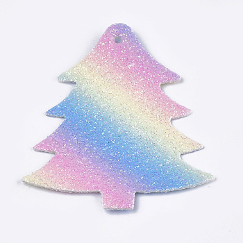 PU Leather Big Pendants, with Sequins, Christmas Trees, Colorful, 55x47x1mm, Hole: 1.8mm