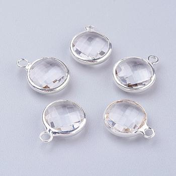 Silver Color Plated Brass Glass Flat Round Charms, Faceted, Clear, 12x8.5x3mm, Hole: 1.5mm
