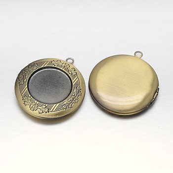 Rack Plating Brass Locket Pendant Cabochon Settings, Lead Free & Nickel Free, Carved Flat Round , Brushed Antique Bronze, Tray: 19mm, 36x33x6mm, Hole: 2mm, Inner: 24mm