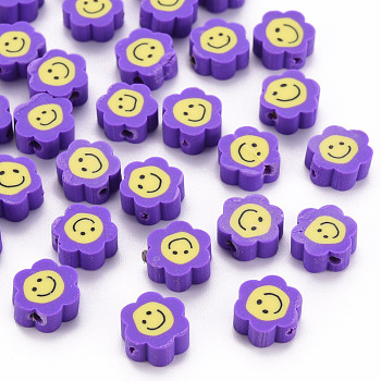 Handmade Polymer Clay Beads, Flower with Smiling Face, Blue Violet, 9~10x8~9x4~5mm, Hole: 1.4~1.6mm