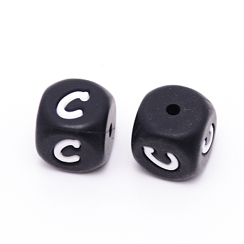 Silicone Beads, Cube with Letter.C, Black, 12x12x12mm, Hole: 2mm