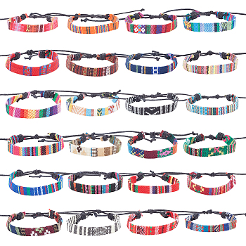 24Pcs 24 Style Jute Braided Cord Bracelets Set with Wax Cord, Ethnic Adjustable Bracelets, Mixed Color, Inner Diameter: 2~3-3/8 inch(5~8.5cm), 1Pc/style