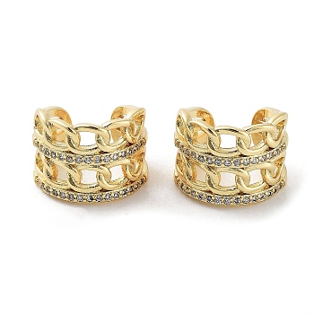 Brass Micro Pave Cubic Zirconia Cuff Earrings, Curb Chain Shape Non Piercing Earrings, Real 18K Gold Plated, 14.5x12mm