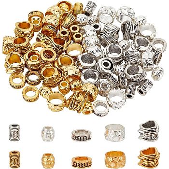 100Pcs 10 Style Tibetan Style Alloy Beads, Large Hole Beads, Rondelle & Tube & Barrel, Antique Silver & Antique Golden, 8~13x4~15mm, Hole: 3.5~8mm, 10pcs/style