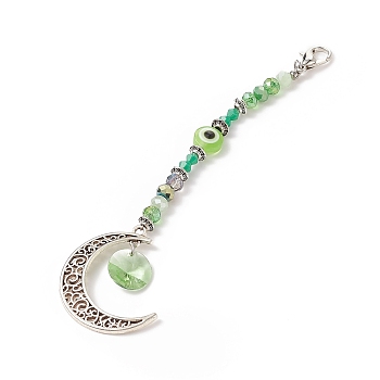 Glass & Resin Beaded Evil Eye Pendant Decorations, Lobster Clasp Charms, Clip-on Charms, for Keychain, Purse, Backpack Ornament, Moon, Light Green, 145mm