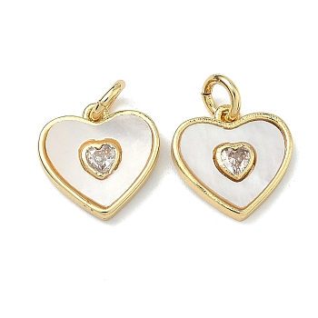 Brass Micro Pave Cubic Zirconia Pendants, with Natural Shell, Heart Charms, Lead Free & Cadmium Free, Rack Plating, Long-Lasting Plated, Real 18K Gold Plated, 12x12.5x2.5mm, Jump Ring: 5x1mm, Inner Diameter: 3mm