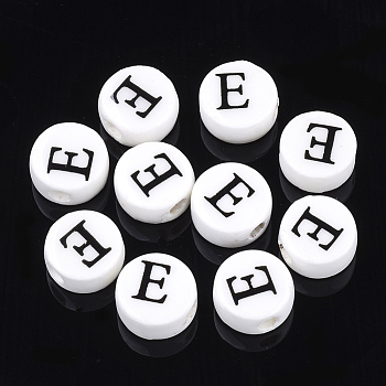 Handmade Porcelain Beads, Horizontal Hole, Flat Round with Letter, White, Letter.E, 8~8.5x4.5mm, Hole: 2mm