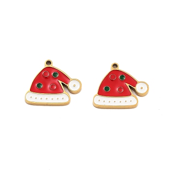 Ion Plating(IP) 304 Stainless Steel Pendants, Christmas Theme Enamel Charms, Golden, Hat, 11x12.5x1.5mm, Hole: 1mm