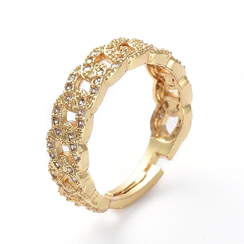 Adjustable Brass Finger Rings, with Micro Pave Cubic Zirconia, Curb Chain Shape, Golden, Size 7,  17.1mm