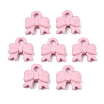 Spray Painted Alloy Charms, Cadmium Free & Lead Free, Bowknot, Pink, 9.5x9x2mm, Hole: 1.5mm
