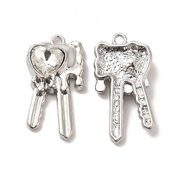 Glass Heart Key Pendants, with Platinum Alloy Finding, Long-Lasting Plated, Cadmium Free & Lead Free, Clear, 28x15x5mm, Hole: 2mm