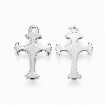 Tarnish Resistant 304 Stainless Steel Charms, Cross, Stainless Steel Color, 14x9x0.8mm, Hole: 1mm