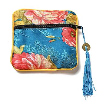 Square Chinese Style Cloth Tassel Bags, with Zipper, for Bracelet, Necklace, Steel Blue, 11.5x11.5cm
