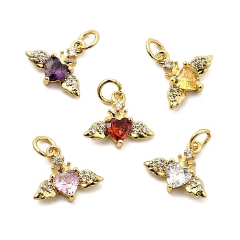 Heart with Wings Brass Micro Pave Cubic Zirconia Charms, Rack Plating, Long-Lasting Plated, Cadmium Free & Lead Free, Golden, with Jump Ring, Mixed Color, 12x14x3mm, Hole: 3.3mm