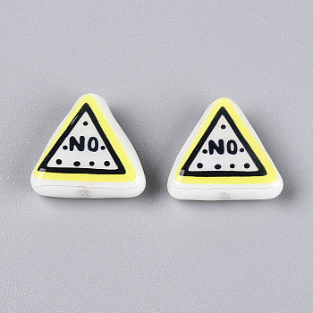 Printed Opaque Resin Beads, Triangle with Word No, Champagne Yellow, 19x21x8~8.5mm, Hole: 1~1.2mm