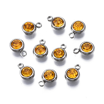 201 Stainless Steel Rhinestone Charms, Birthstone Charms, Flat Round, Stainless Steel Color, Topaz, 8.5x6x3mm, Hole: 1.5mm