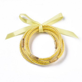 PVC Plastic Buddhist Bangle Sets, Jelly Bangles, with Round Glass Seed Beads and Polyester Ribbon, Yellow, 2-1/2 inch(6.5cm), 5pcs/set