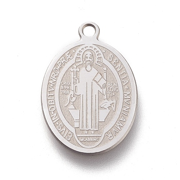 304 Stainless Steel Charms, Laser Cut, Oval, Saint Benedict Medal, Stainless Steel Color, 20.5x14x0.5mm, Hole: 1.2mm
